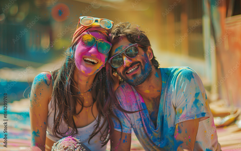 Young couple covered in colorful powder paint is laughing and enjoying holi festival Young couple covered in colorful powder paint is laughing and enjoying holi festival