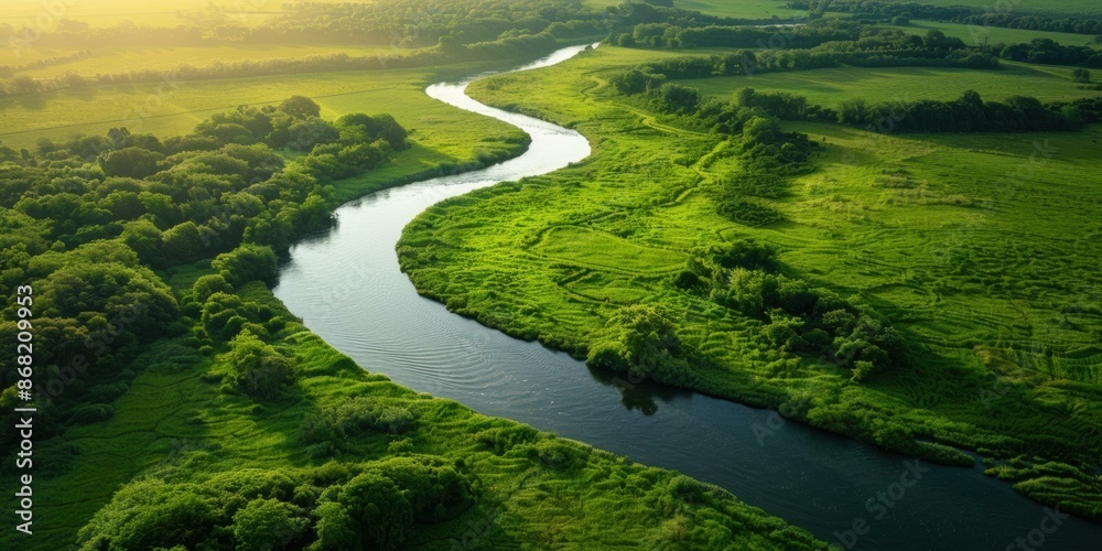 A river winds its way through a lush green landscape. AI. A river winds its way through a lush green landscape. AI.