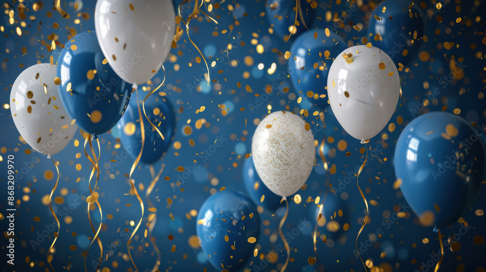 blue and white balloons with gold confetti and streamers, some balloons with sparkling textures blue and white balloons with gold confetti and streamers, some balloons with sparkling textures