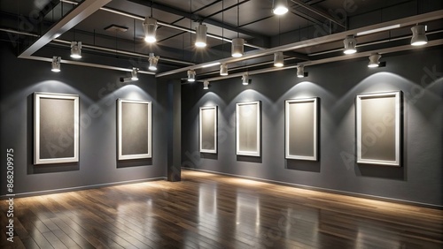 Sophisticated minimalist art gallery interior features five empty silver-framed posters on matte black wall, illuminated by track lighting.