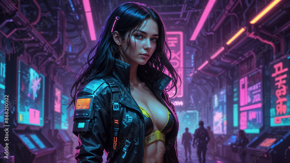 beauty young woman wear cyberpunk clothing in cyberpunk city background beauty young woman wear cyberpunk clothing in cyberpunk city background
