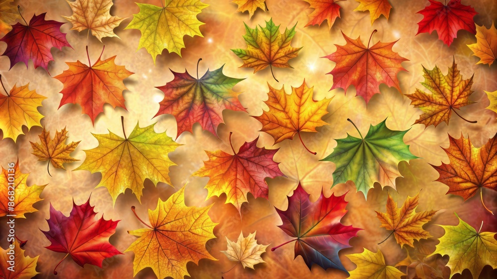 Vibrant colorful large set of autumn maple leaves scattered on a warm inviting vector background with intricate leaf patterns. Vibrant colorful large set of autumn maple leaves scattered on a warm inviting vector background with intricate leaf patterns.