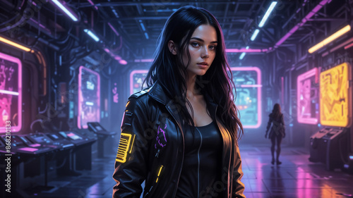 beauty young woman wear cyberpunk clothing in cyberpunk city background