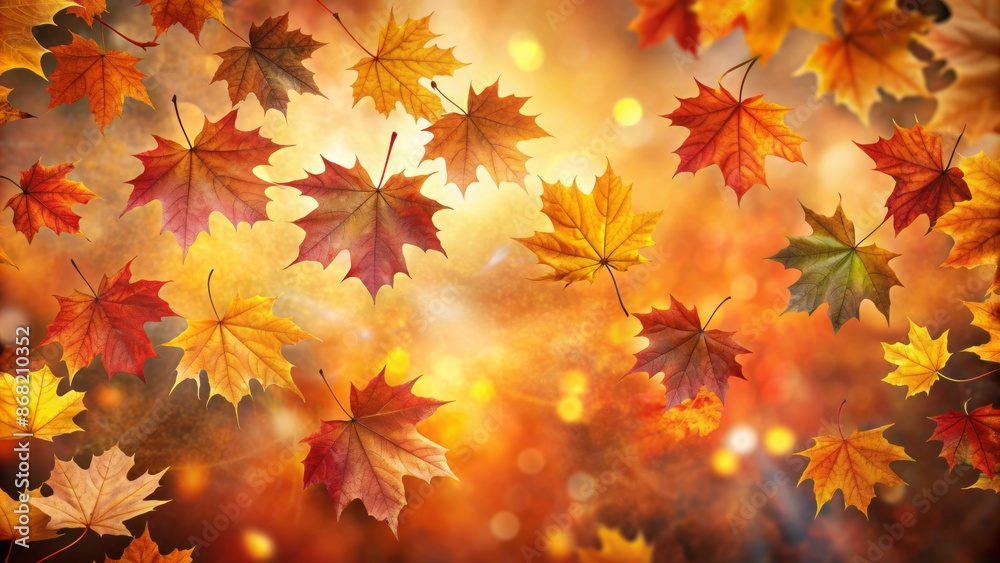 Vibrant orange, yellow, and red maple leaves of various shapes scatter across a warm, gradient autumn background, evoking cozy seasonal feelings.