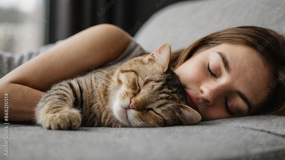 woman sleeping on the bed with her cat woman sleeping on the bed with her cat