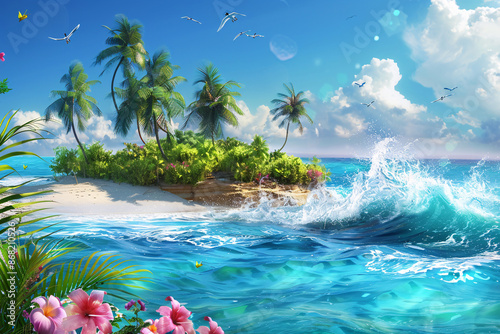 Fototapeta Naklejka Na Ścianę i Meble -  beach with palm trees background, sea background 