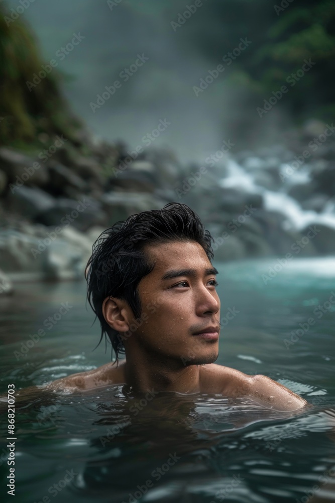 Fototapeta premium A handsome man bathe in a natural hot springs with steam rising, with a softly blurred background of rocky terrain and greenery.
