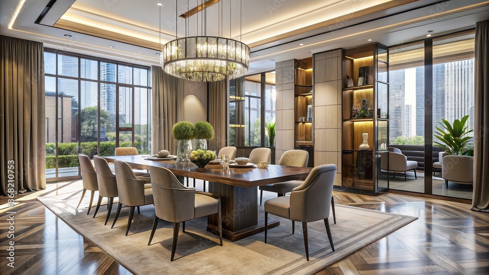 Modern dining room with elegant decor, large windows, and a spacious layout, creating a luxurious dining experience Modern dining room with elegant decor, large windows, and a spacious layout, creating a luxurious dining experience