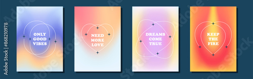 Trendy gradient blurred background. Minimalistic posters or card template with positive phrases. Liquid design in pastel colors. Vector mesh illustrations.