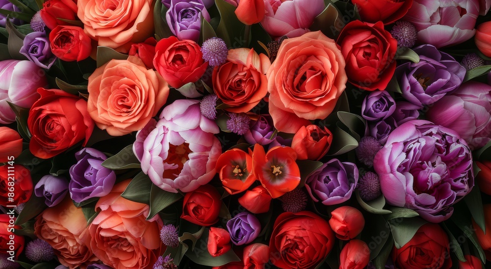 Vibrant Red Roses and Purple Tulips Close-Up Flower Bouquet Vibrant Red Roses and Purple Tulips Close-Up Flower Bouquet