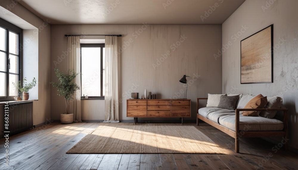 Fototapeta premium Neutral Rustic Room: Empty Wall, Subdued Hues, and Calm Environment, Generative AI