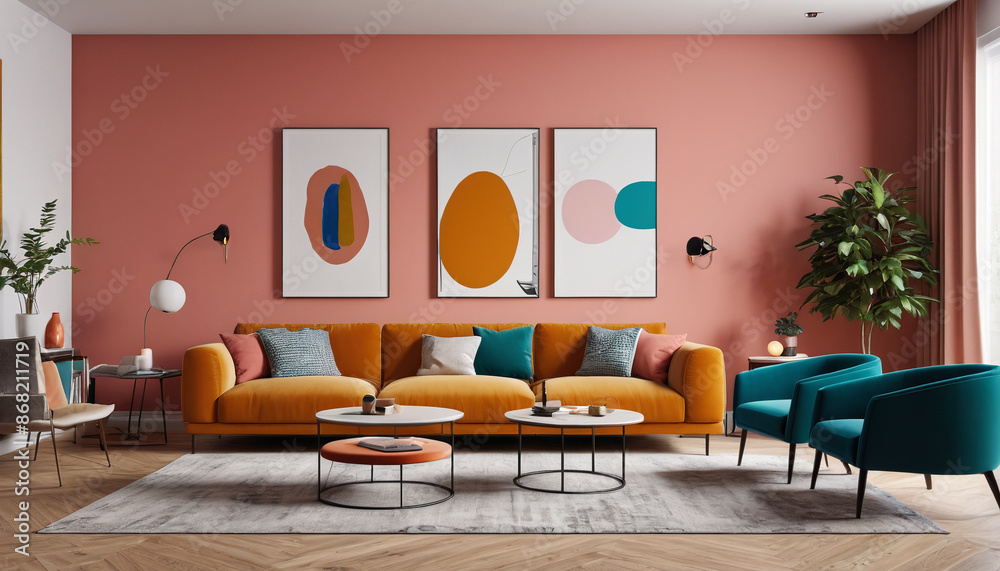 Fototapeta premium A contemporary living space with lively colors, minimal furniture, and an empty wall, creating a vibrant and modern atmosphere, Generative AI