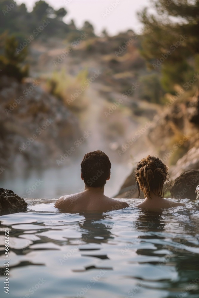 Fototapeta premium A lovely couple bathe in a natural hot springs with steam rising, with a softly blurred background of rocky terrain and greenery. 
