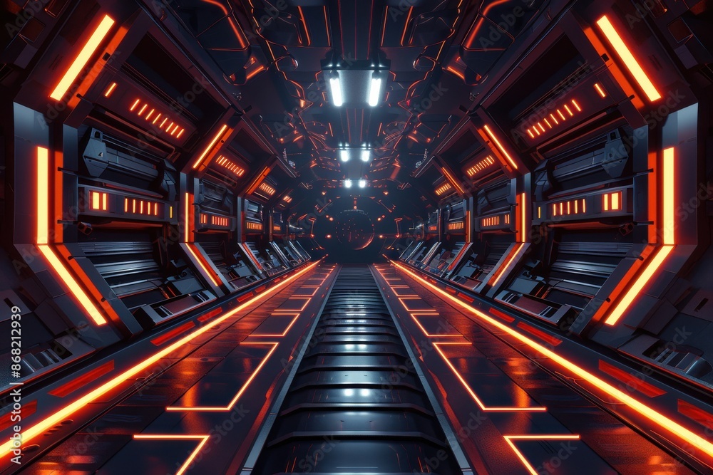Futuristic Sci-Fi spaceship corridor with glowing red lights. Concept of space travel, technology, and the future. Futuristic Sci-Fi spaceship corridor with glowing red lights. Concept of space travel, technology, and the future.