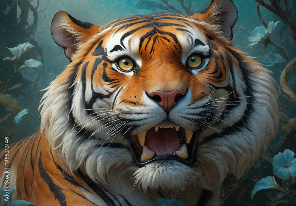 Fototapeta premium Fantasy Illustration of a wild animal tiger. Digital art style wallpaper background.