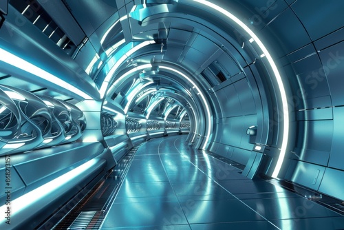 Futuristic metallic hallway with glowing blue lights. Concept of science fiction, spaceship interior, and futuristic technology.