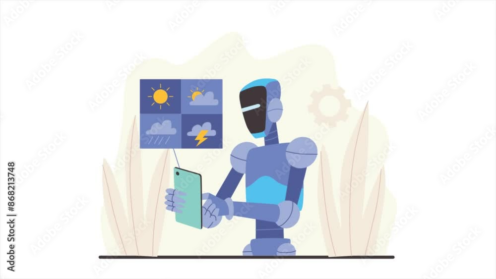 A robot uses a tablet to check the weather forecast, displaying sunny, cloudy, rainy, and stormy conditions. The scene emphasizes the integration of AI in daily activities, highlighting smart technolo