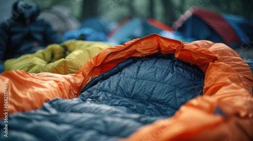 A group of people are camping in the woods, with a variety of tents