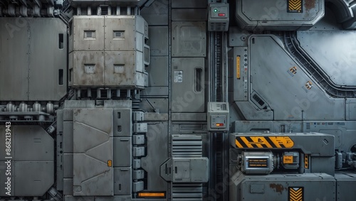 Close-up texture of a futuristic industrial panel with grey and yellow details