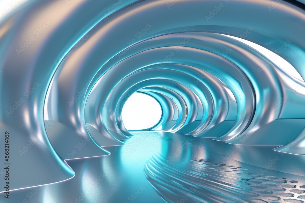 Futuristic metallic tunnel with glowing neon lights, an abstract architectural visualization.  Concept of science fiction, metaverse, and the future.
