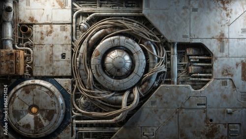 A detailed texture of an industrial machine panel with intricate wiring and signs of rust
