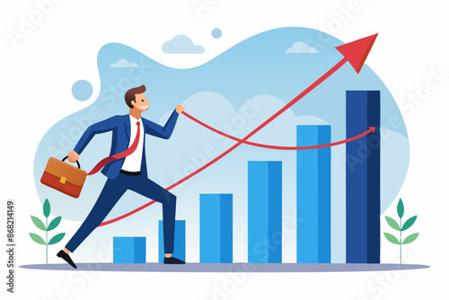 Ambitious businessman pulling performance graph upward, symbolizing sales growth and investment profit