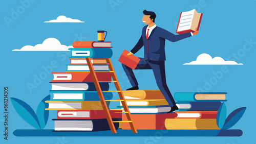 Businessman climbs ladder of books to gain knowledge and skills for future career opportunities