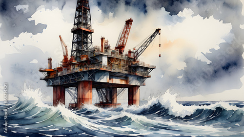 Oil drilling rig in the middle of the sea, strong waves