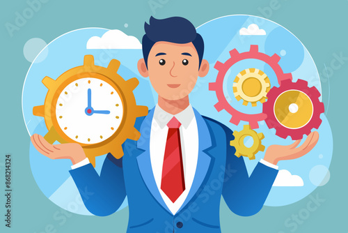 Businessman Combines Clock and Gears, Optimizing Efficiency, Productivity, and Effective Resource Management