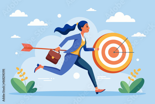 Businesswoman Running on Hand, Aiming at Target for Goal-Oriented Success and Motivated Anticipation of Victory