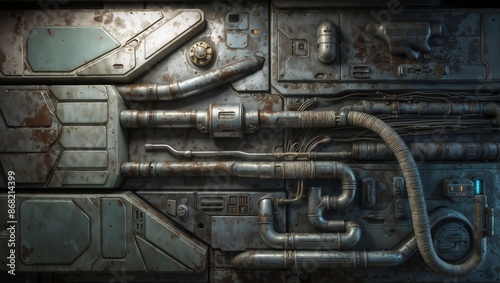  a rusty metal wall texture with pipes and wiring