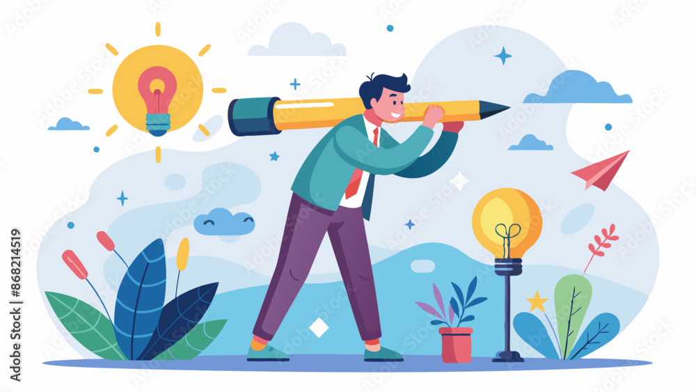 Creative Professional Opens Pencil Telescope, Searching for Ideas, Inspiration, and Discovering Innovative Solutions Creative Professional Opens Pencil Telescope, Searching for Ideas, Inspiration, and Discovering Innovative Solutions