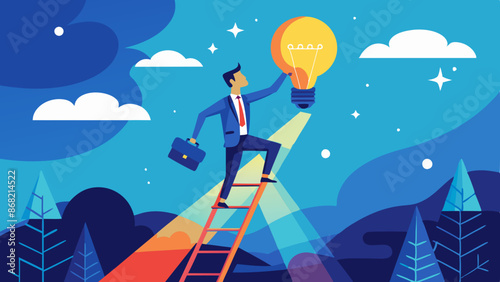 Creative Businessman Climbing Ladder to Reach Lightbulb Idea, Finding Inspiration and Imagination for Innovative Work