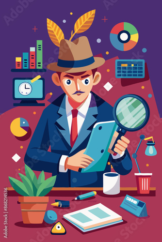 Detective Researcher Analyzing Data and Investigating Insights, Discovering Information with Curiosity and Magnifying Glass