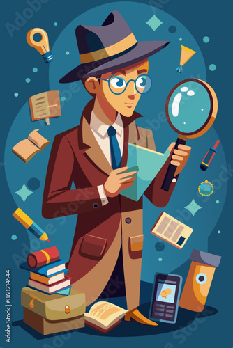 Detective Researcher Analyzing Data and Investigating Insights, Discovering Information with Curiosity and Magnifying Glass