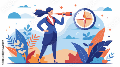 Empowering female leadership: Businesswoman with a vision to lead, promoting gender equality in management, symbolized by a woman standing with a large compass, looking through a spyglass.