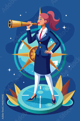 Empowering female leadership: Businesswoman with a vision to lead, promoting gender equality in management, symbolized by a woman standing with a large compass, looking through a spyglass.