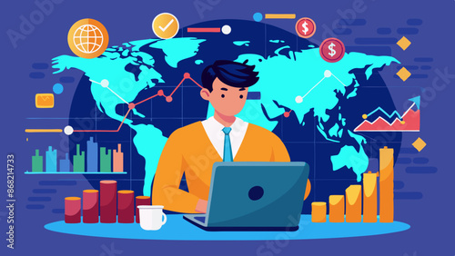 Investor analyzing global stock market trends and financial growth on laptop with world map and graphs