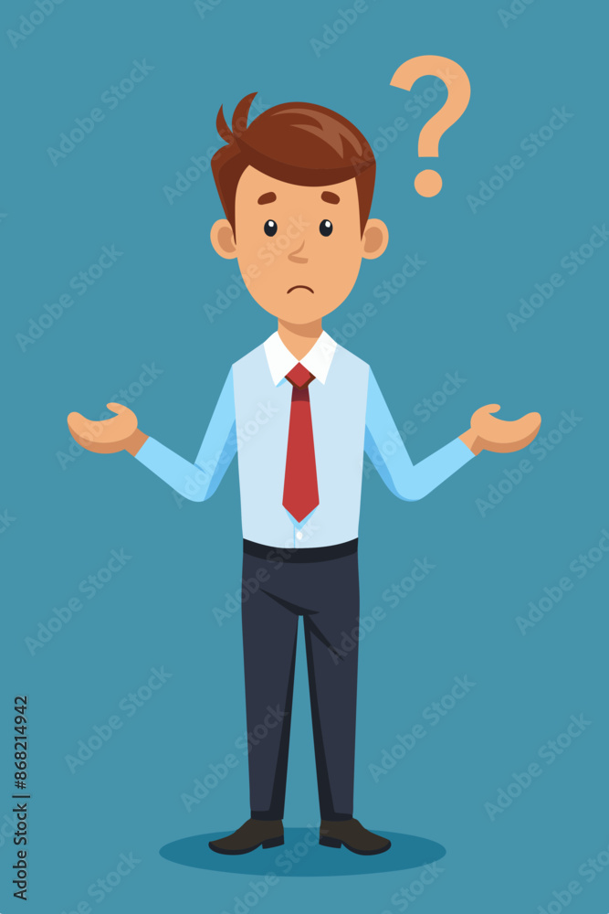 Perplexed Employee Shrugging with Question Mark, Depicting Awkward and Clueless Moment at Workplace Perplexed Employee Shrugging with Question Mark, Depicting Awkward and Clueless Moment at Workplace