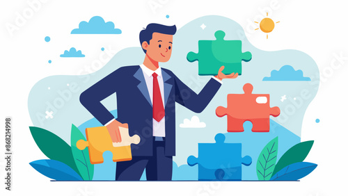 Problem-Solving Mastery: Smart Businessman Assembling Jigsaw Puzzle, Utilizing Creativity and Skills to Overcome Challenges and Achieve Success