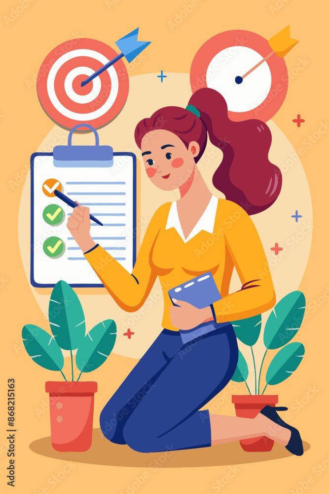 Self-assessment for personal growth and professional improvement: Woman checking achievements on a notepad, evaluating progress towards goals and development.
