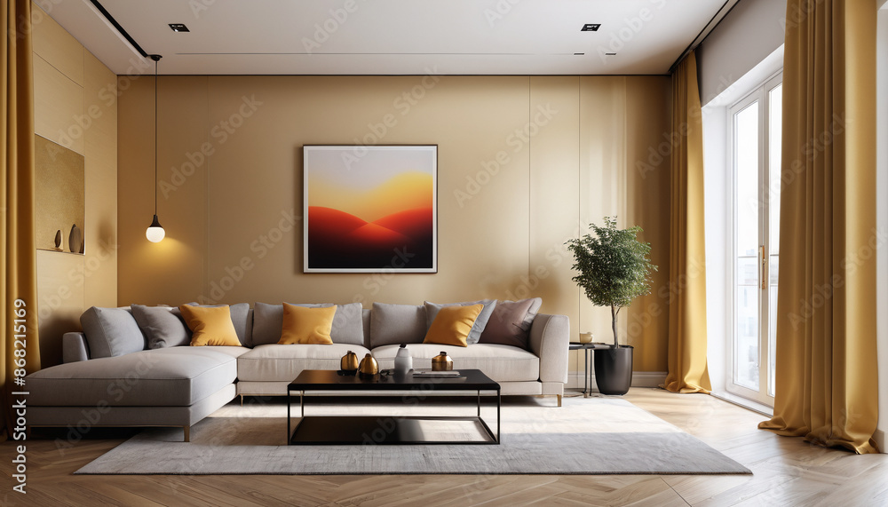 The minimalist living room, with its plain wall backdrop and modern gold shades, offers a stylish and calming space for guests to unwind and enjoy their stay, Generative AI The minimalist living room, with its plain wall backdrop and modern gold shades, offers a stylish and calming space for guests to unwind and enjoy their stay, Generative AI