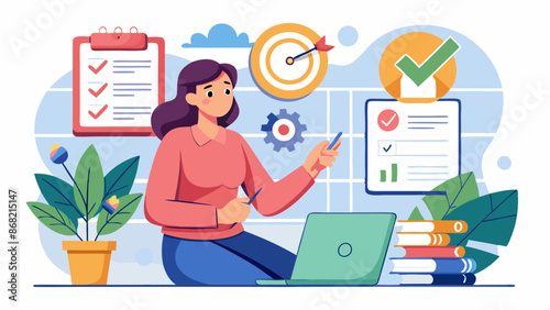 Self-assessment for personal growth and professional improvement: Woman checking achievements on a notepad, evaluating progress towards goals and development.