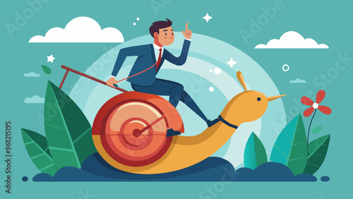 Slow Growth and Inefficient Mistakes, Foolish Businessman Riding Snail and Losing Business Race, Failure to Reach Goals