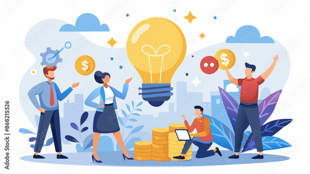 Startup Company Generating Revenue from Innovative Business Idea, Entrepreneur Gaining Profit and Sales from Lightbulb Concept Startup Company Generating Revenue from Innovative Business Idea, Entrepreneur Gaining Profit and Sales from Lightbulb Concept