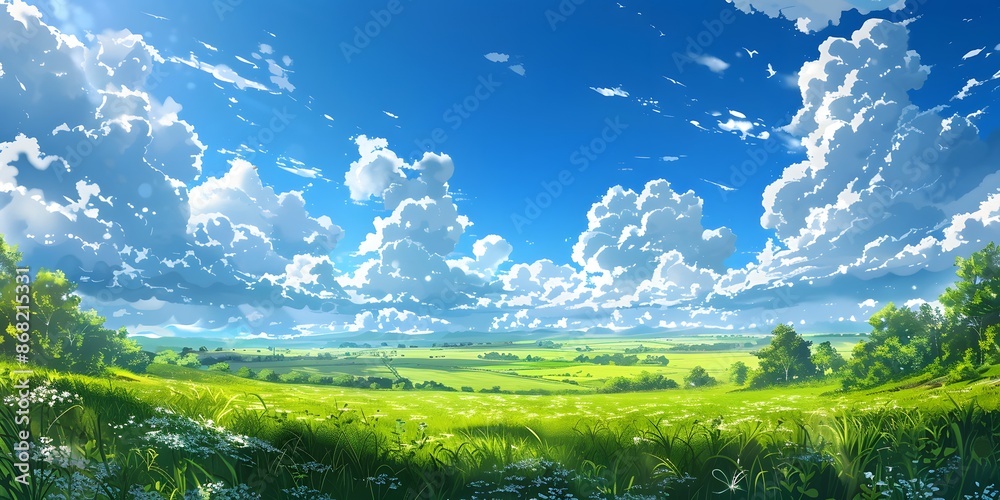 A vast green grassland under the blue sky, with clouds scattered in the distance and no trees on it. The background is clean and bright, presenting an endless expanse of emerald-green fields A vast green grassland under the blue sky, with clouds scattered in the distance and no trees on it. The background is clean and bright, presenting an endless expanse of emerald-green fields