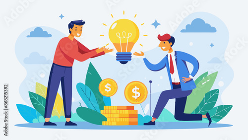 Venture Capital Funding Startup Idea: Investor Giving Money to Lightbulb Business Concept, Financial Support for Entrepreneurship and Innovation