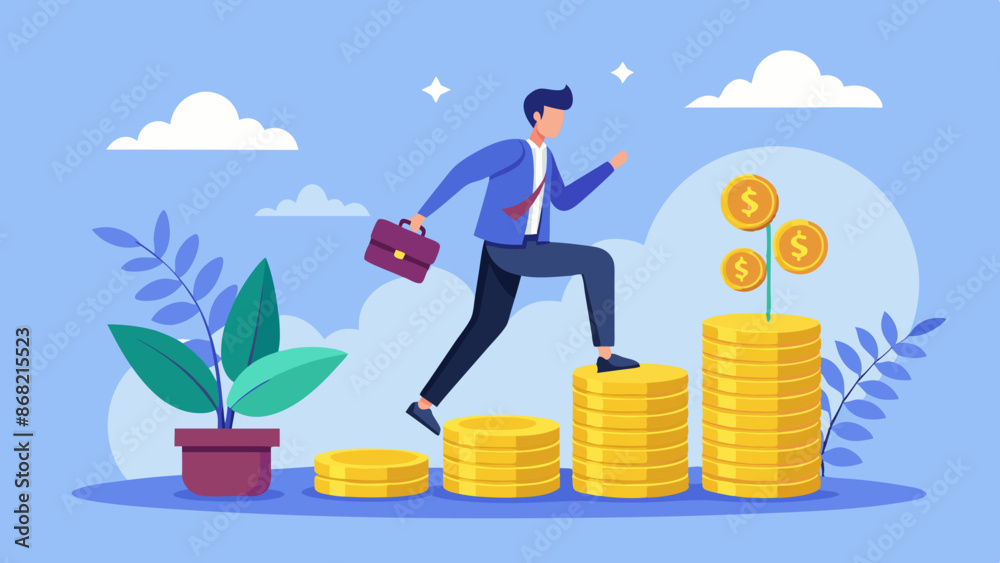 Young Investor Stepping on Coin Stack, Starting Investment Journey for Compound Financial Growth Young Investor Stepping on Coin Stack, Starting Investment Journey for Compound Financial Growth