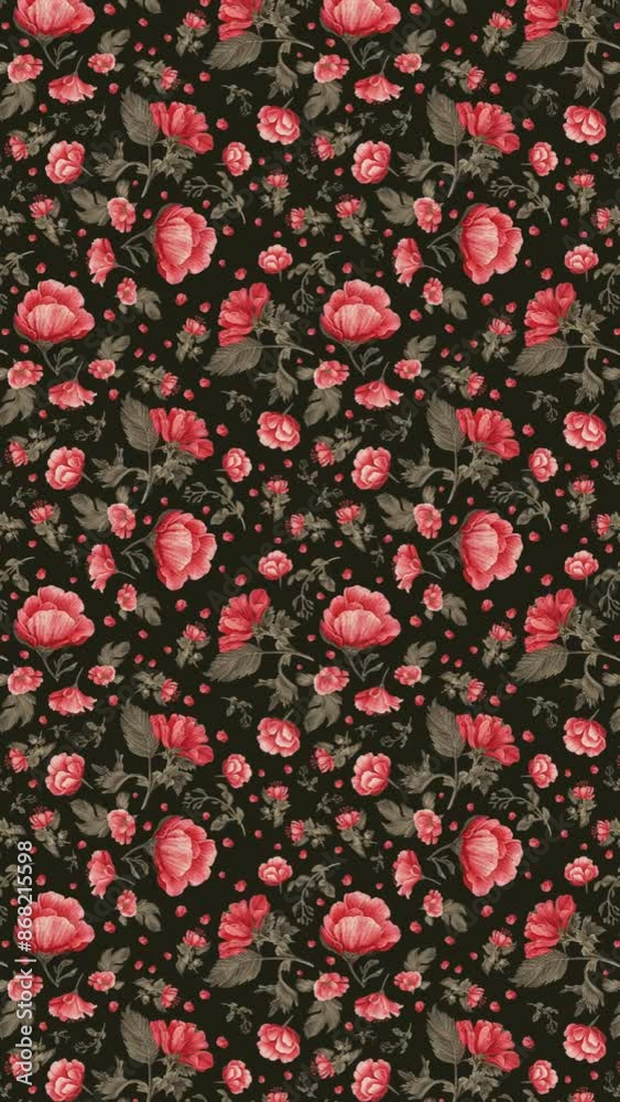 Seamless floral pattern with red roses on dark background. Vertical video. Seamless floral pattern with red roses on dark background. Vertical video.