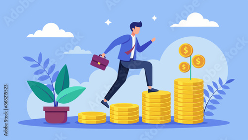 Young Investor Stepping on Coin Stack, Starting Investment Journey for Compound Financial Growth
